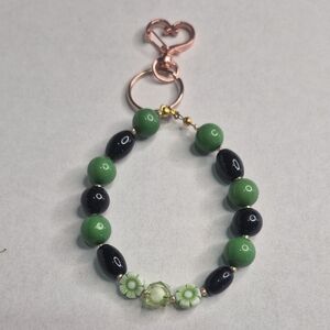 Green and Black Beaded Keychain Or Bag Accessory w/ A Heart